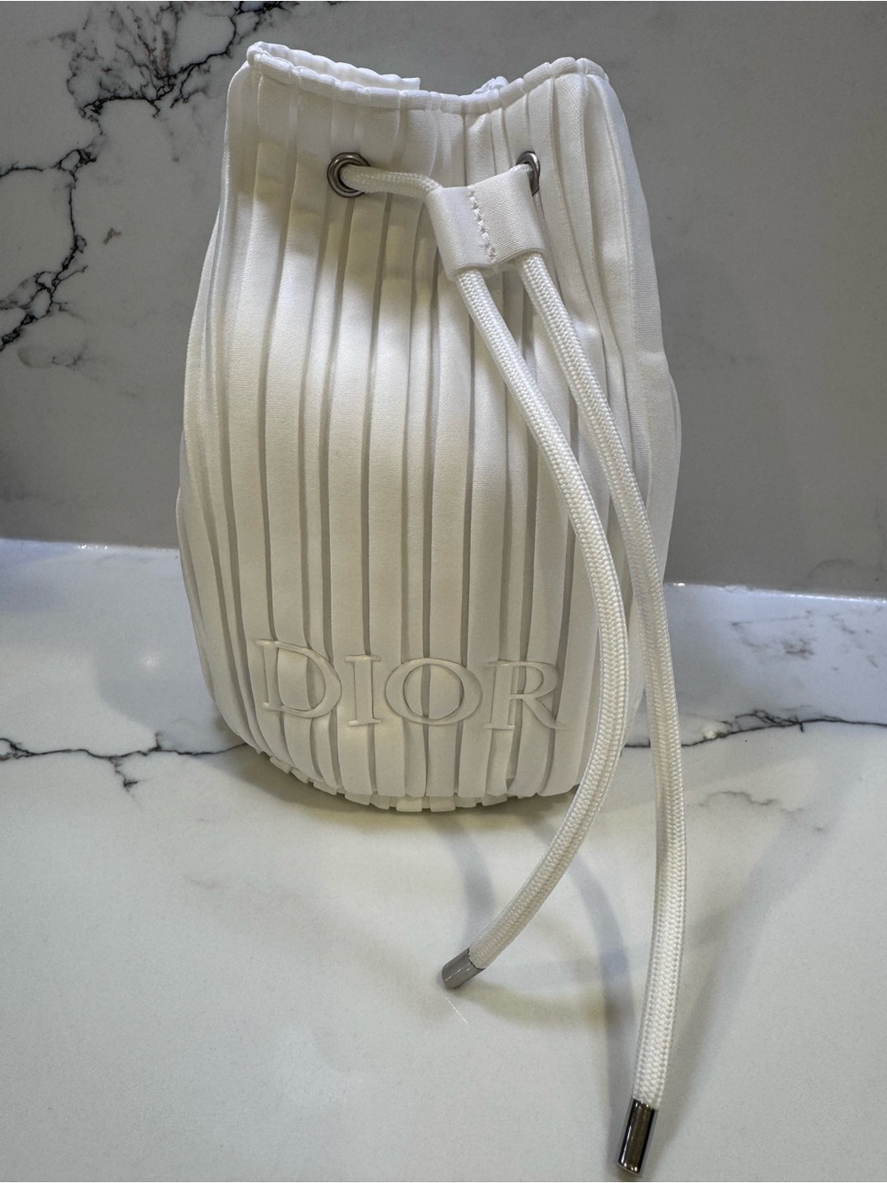 Dior White Pleated Drawstring Mini Bucket Bag